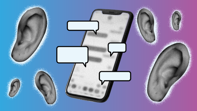 A digitally edited collage-style visual featuring a smartphone with blurred text messages on its screen. Around the phone, multiple black-and-white human ears are floating, symbolizing surveillance or eavesdropping. Speech bubbles appear on the phone's screen, emphasizing digital communication. The background transitions from blue to purple, creating a visually striking contrast that suggests themes of privacy, surveillance, and online monitoring