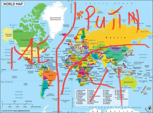 Weltkarte, Trump teilt mit zwei Strichen die Welt auf, ein Teil für sich Nord Südamerika Grönland, Putin nordafrika Europa, xi den Rest der Welt