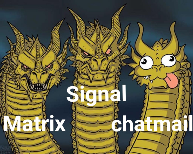 the three-dragons meme, with matrix and signal being left and middle, very serious and powerfully looking, while chatmail is the third dragon looking more dumb but also more enjoying themselves? 