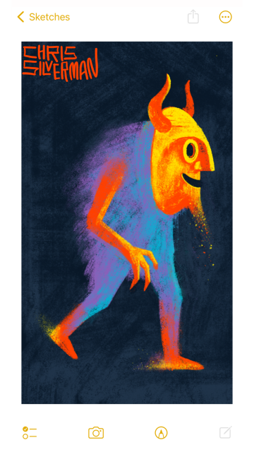 A brightly colored devil figure jogs through the dark. The figure is purple and blue, with a blurriness about the body that suggests speed, fur, or both. Its arms and feet are reddish-yellow; its feet glow with yellow sparks. It is wearing a blazing red-and-yellow devil mask, and the devil's beard is also giving off sparks. The painting is signed "Chris Silverman".