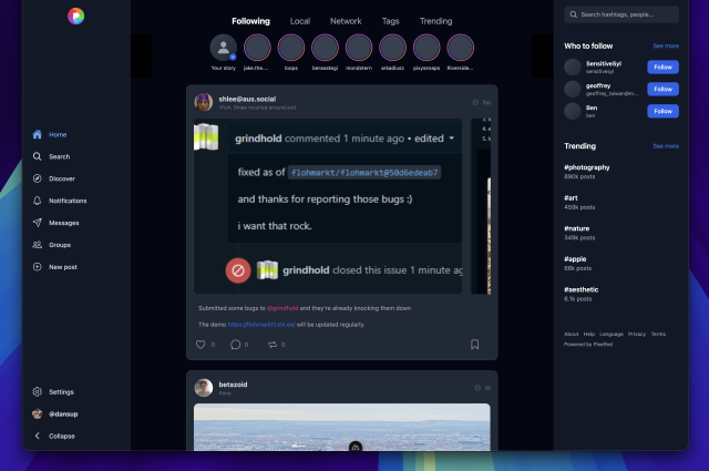 The new Pixelfed webUI in dark mode