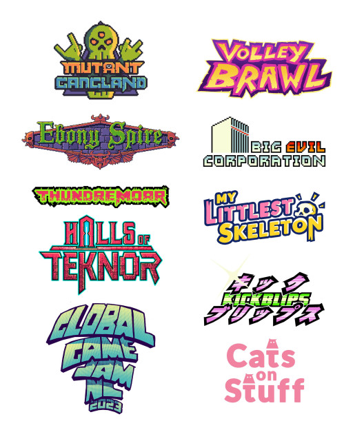 A collection of playful and colourful logos. Some pixelated. They look like they are for toys and videogames. 