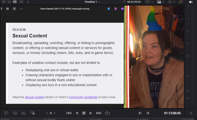 Jen showing off her tentacle fashion while reading a twitch ban