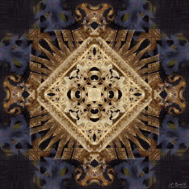 Kaleidoscope- or mandala-like square image in shades of gold, black and dark blue. Some golden structures form a bright square within a darker one. 
