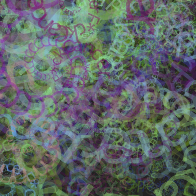 Abstract art made from the words "F*ck Cancer". The letters are in overlapping spirals of varying size and colors.