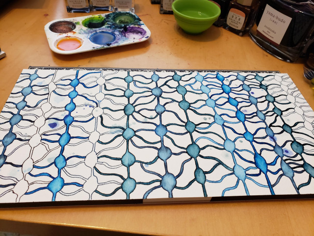 Hand drawn generative/procedural art in ink on watercolor paper. The abstract pattern looks a bit like a microscopic image of dense bone.