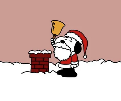 Snoopy, dressed as Santa Claus, rings a bell to solicit donations.