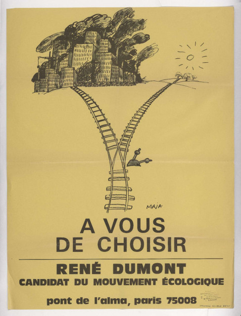 Elections présidentielles de 1974. Affiche du candidat René Dumont. Sur fond jaune, dessin d' une voie ferrée se séparant en deux : d'un côté des grattes ciels noyés dans une fumée noire, de l'autre un soleil et quelques arbres.

Archives nationales, cote 19930372/8.