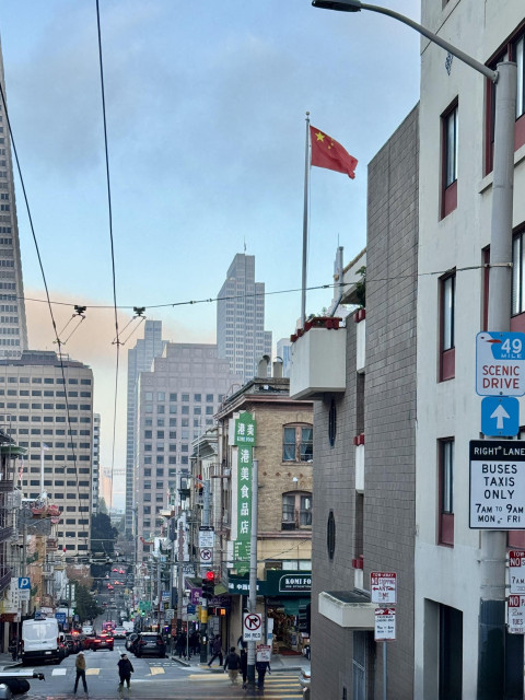 View down Clay Street in Chinatown, San Francisco, just above Stockton Street.