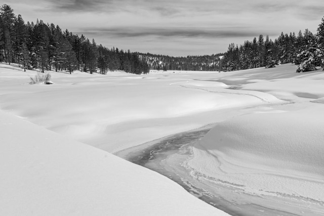 A black and white landscape photo of a wide meadow area covered in a thick fresh snow. The meadow has a deep trench running up the middle where there's a not quite frozen creek. On either side, forming a "V" shape running up the meadow to a distant mountain range is a thick forest of conifer trees. The sky is mostly cloudy except for two small areas where clear dark sky is seen. It appears dark because of the use of a red filter.
