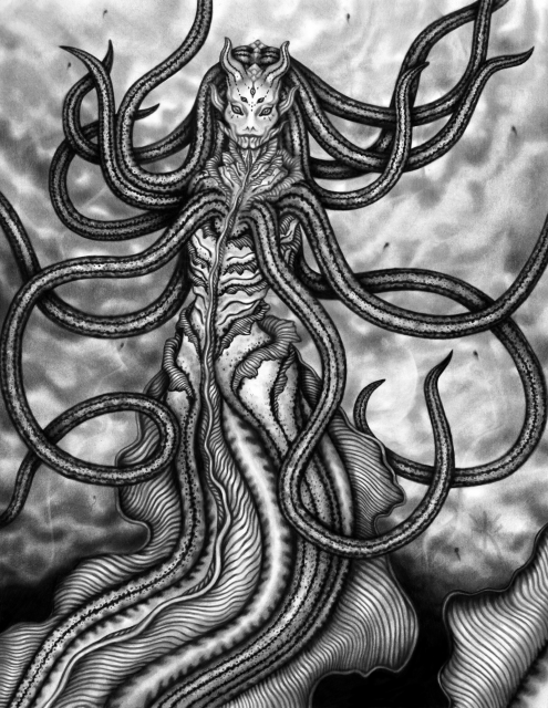 A detailed grayscale pencil and charcoal drawing of an aquatic alien entity featuring multiple eyes and small horns, with numerous thick, tentacle-like appendages radiating from its head and body; the body has a textured, ribbed appearance and is adorned with various patterns, and it appears to be emerging from the dark abyss below it; the background features a hazy, undefined environment.