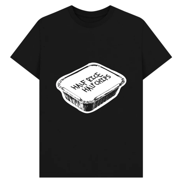 A takeaway container scrawled with the text half rice, half chips on a t-shirt.