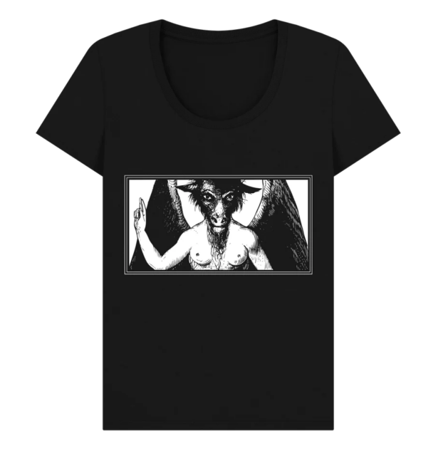 A portrait of the goat-like entity baphomet with a beard and female mammaries on a femme t-shirt.