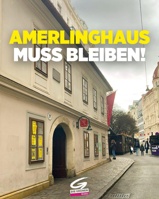 Flyer AMERLINGHAUS MUSS BLEIBEN! mit dem Amerlinghaus und der Stiftgasse im Hintergrund