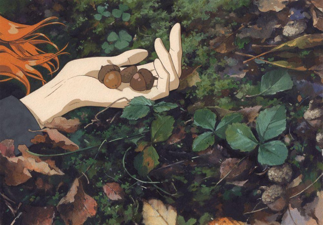 a painting of a hand holing acorns lying on the ground, covered in moss and strawberry leaves