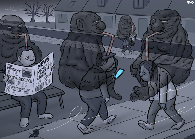 Black-and-white cartoon showing people walking outside on a gloomy December day. They are looking very depressed, with bent backs and looking down. On each of the pedestrians’ backs sits a half-translucent black creature, weighing them down while drinking from their heads with a straw. A depressed person on a park bench (also with a creature sucking at his brain) is reading a newspaper with the headlines: ‘Mental health crisis, ‘Climate crisis’, ‘War imminent’, ‘Housing shortage’ and ‘Poor? It’s your own fault!’
