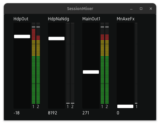 A screenshot showing a few selected faders and VU meters in a desktop cue mixing application called SessionMixer.