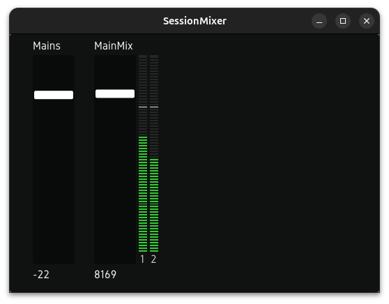 A screenshot of a very minimally-configured SessionMixer session. Showing a couple of faders and a couple of VU meters.