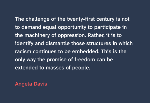 Quote by Angela Davis that reads “the challenge of the twenty-first century is not to demand equal opportunity to participate in the machinery of oppression. Rather, it is to identify and dismantle those structures in which racism continues to be embedded. This is the only way the promise of freedom can be extended to masses of people.”