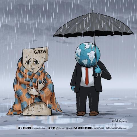 Links figuur in de vorm van Gaza met deken ongeslagen in de regen,
Rechts figuur -man met globe als hoofd -  onder paraplu, samen in grote plas regenwater 