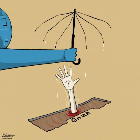 Uit Gaza grond komt uitgestrekte arm die reikt naar frame van paraplu waarvan doek verdwenen is 
