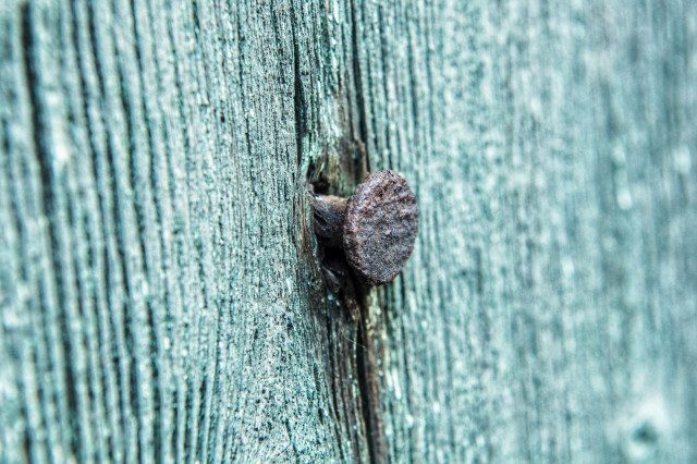 Das Bild zeigt eine Nahaufnahme eines rostigen Nagels, der in eine verwitterte Holzoberfläche eingeschlagen ist. Die Holzmaserung verläuft vertikal und weist eine ausgeprägte, rissige Textur auf, die durch die türkise bis bläulich-grüne Farbe hervorgehoben wird. Der Nagelkopf ist rund, stark korrodiert und hat eine dunkle, fast schwarze bis braune Farbe mit einer rauen Oberfläche. Der Fokus liegt scharf auf dem Nagel und dem unmittelbaren umliegenden Holz, während der Hintergrund unscharf ist.