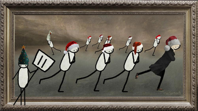 Eleven of my simple scribbled Friend figures set in the Duddingston Lake scenery of a famous painting; The Skating Minister by Henry Raeburn. One figure stands outside the image, on the frame, holding a placard reading 11 and wearing a knitted Christmas tree hat with a star on top. 

Another nine all skate from left to right, in the pose of the Minister from the painting. The one in the front is wearing the frock coat and skates of the Minister from the painting.  They all wear Santa hats. 

The final figure is wearing a particularly tall white hat decorated with a bauble, rather than the Santa hat of the other skaters, and they skate from right to left. They've not fallen out with the others, just doing their own thing.