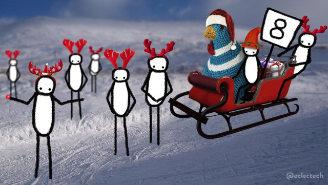 A snowy scene. On the right is a red sleigh with a large knitted chicken (Myfanwy) in a Santa hat, and her Friend, a simple scribbled figure, wears an elf hat while carrying a placard reading 8. There a 7 other figures, each wearing some form of reindeer antler headpieces. One hangs off the back of the sleigh, the others are just standing around. On on the left in the foreground appears to be holding a Rudolph style nose in his hand, while shrugging to camera.