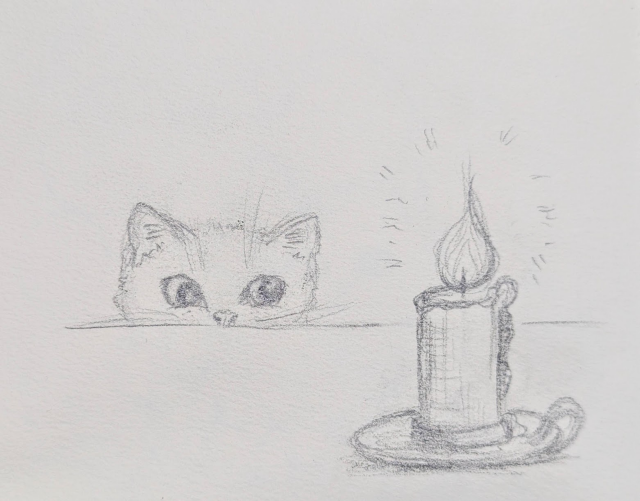 Handmade black and white pencil drawing of a cute cat peering over the edge of the table, somewhat uncertainly eyeing a burning candle.
by artist Karen Kaspar
