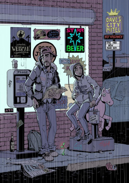 Comic illustration: a Hispanic couple outside a convenience store, on a rainy night. The image is filled with references to the Nativity in the Gospels. The man is on a payphone with a phone book in his hand, while the woman sits on a coin-operated donkey ride. Posters on the convenience store advertise “Weisman” cigarettes, “Starr” beer, and “Good News” candy. Round and starburst stickers form halos around the couple’s heads. A neon sign in the background reads “Dave’s City Motel—No Vacancy”.