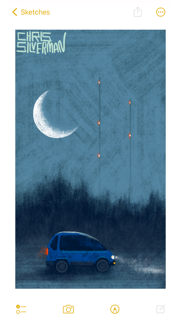 A small blue car drives along a dim road on a cold winter night. Beyond the car is a dark blurry treeline. The sky is gray, with no stars, although there is a huge white crescent moon in the top left. To the right of the moon are two thin, tall radio towers with glowing red lights. The painting is signed "Chris Silverman".