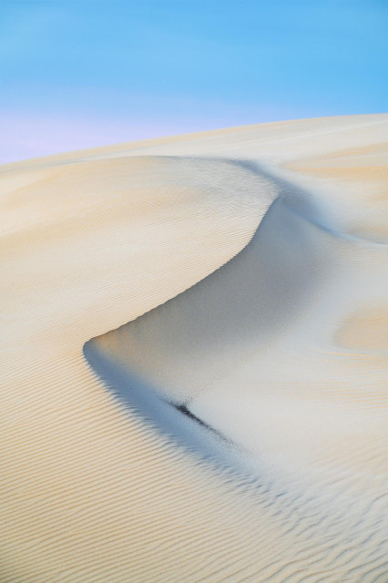 a vertical dune photo in soft tones. The sky is cyan-blue with some pink over the dune crest at the horizon. The dune is pale yellow-orange.