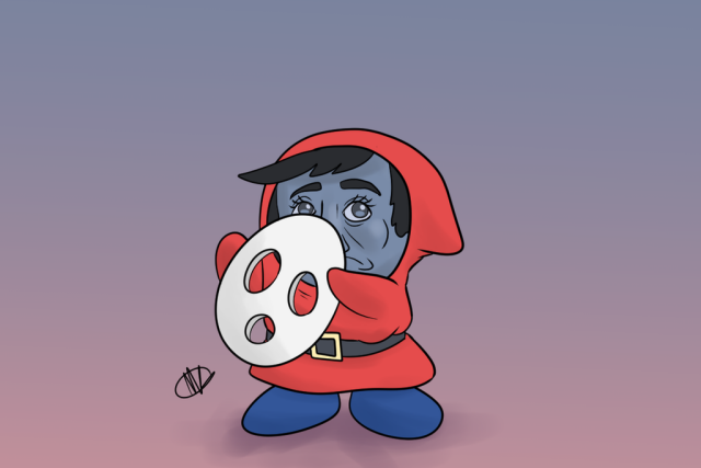 The Super Mario character, Shy Guy, taking off its mask. It's true face is partially obscured still, but it's a dark grey face with a frown and defined cheekbones. It has sad eyes and black hair. This human like face does not fit the proportions one would expect from a Super Mario character and the image is a bit unsettling.