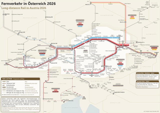 My rail network diagram of Austria: distinctive octolinear structure with flat diagonal lines, diagram showing area between Mannheim, Zurich, Venice, Zagreb, Bratislava and Prague, red colours for Railjet (Xpress), grey for Eurocity, Intercity and Interregio, blue for westbahn trains, white for ICE trains, yellow for a (single) Regiojet line