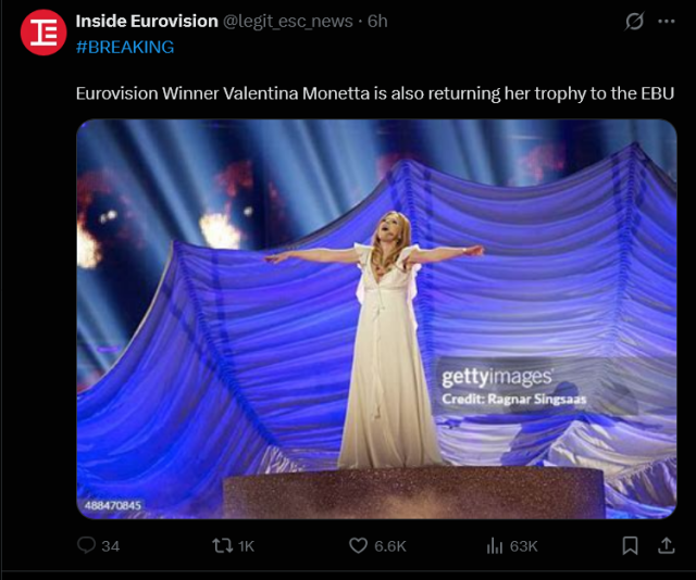 Eurovisionn winner Valentina Monetta is also returning her trophy to the EBU