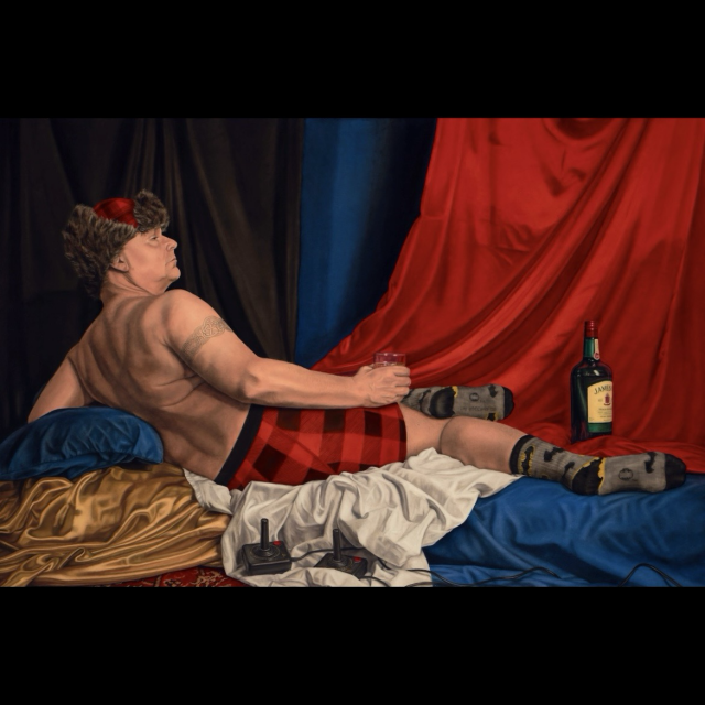 Grande Brodalisque II is an oil painting by Klaire Lockheart that parodies Grande Odalisque by Jean-Auguste-Dominique Ingres. The canvas features a reclining bro wearing red shorts and a matching lumberjack hat.