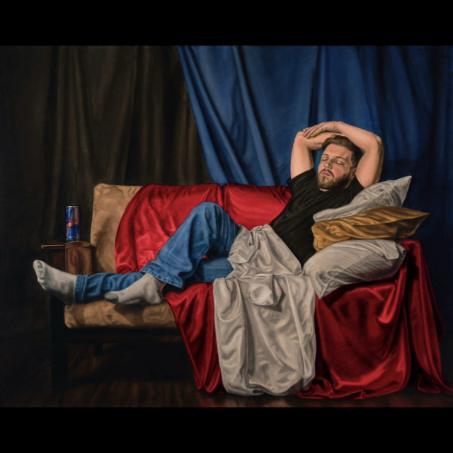 Sleeping Theseus is a contemporary figure painting of a man dozing on a small sofa with his arms posed overhead in reference to historic artwork depicting sleeping Ariadne.