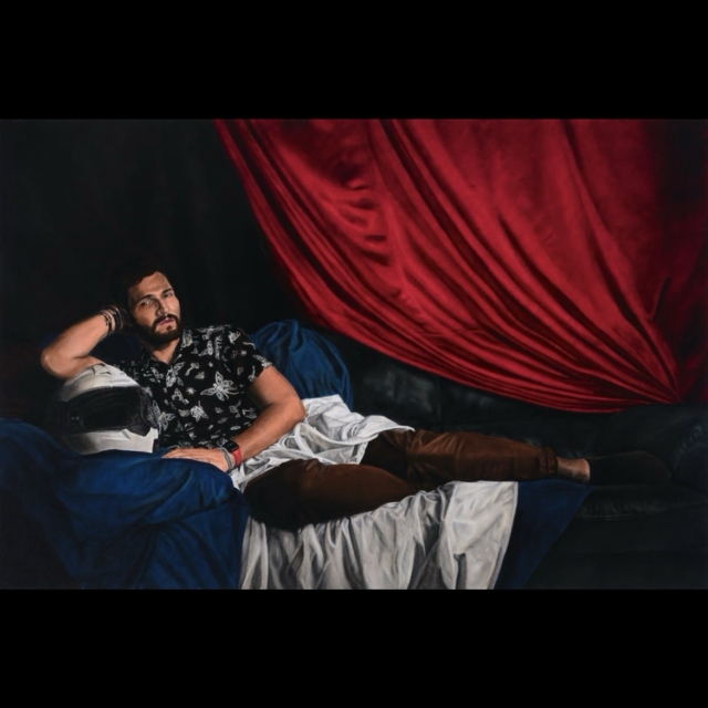 Brodalisque with Moto Helmet is an oil on canvas painting that depicts a dude reclining on his right elbow, which is propped up on a white motorcycle helmet.