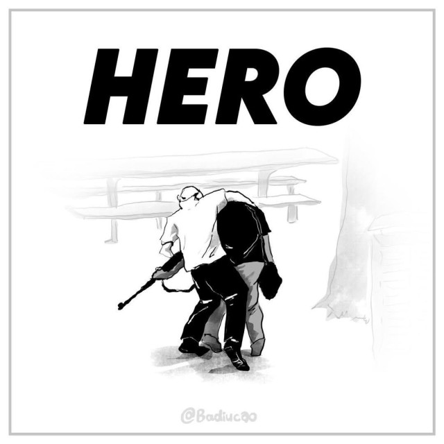 Cartoon by Badiucao showing Ahmed Al Ahmed tackling one of the shooters in the Bondi Beach mass shooting