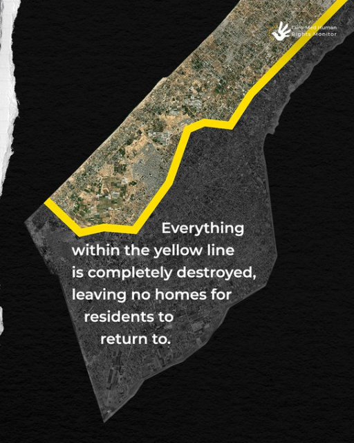 Picture of the Gaza Strip with the remaining area belonging to Palestinians highlighted in yellow.

"Everything within the yellow line is completely destroyed, leaving no homes for residents to return to."