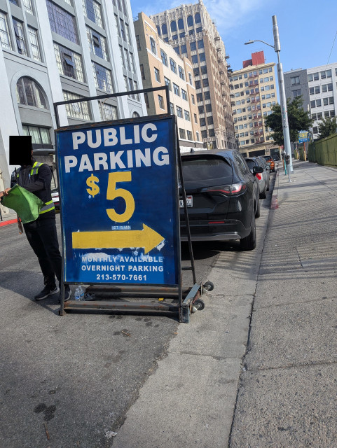 Sign reading  "Public parking $5"