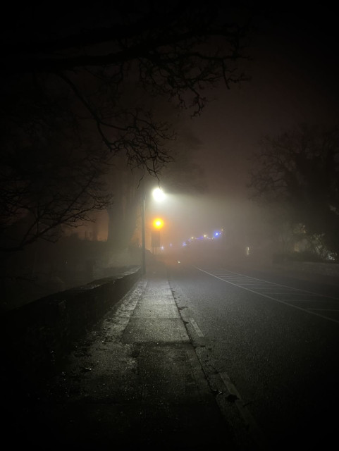 A streetlight is breaking the dark fog as well as a string of multi coloured lights.