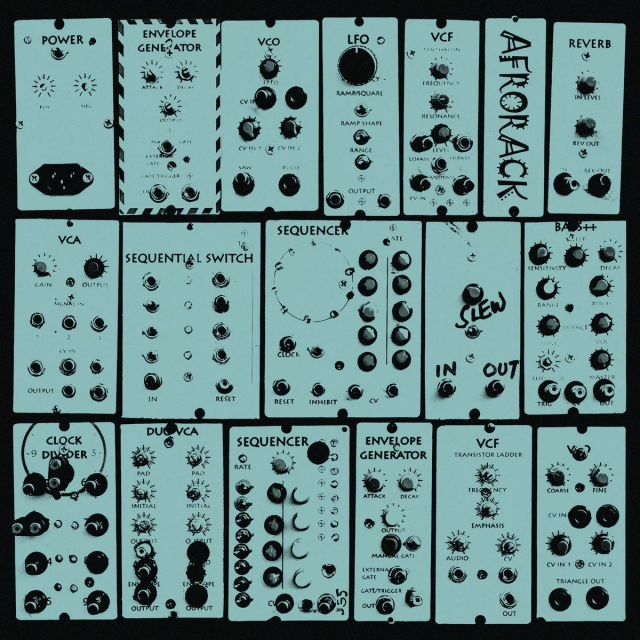 The Afrorack - album cover - a sample of the home-made modules in a blue-green tone.