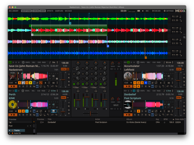 🕶️ A view of its UI with 4 tracks playing (scrollable waveform) visible at the top of the UI and 4 control boards below, on either side of a control board with numerous potentiometers.

📚️ Mixxx is a libre, multi-platform DJ tool for creating live DJ mixes. Features include BPM (beat) and key detection to find the most suitable next track, support for on-the-fly resampling without pitch modification (Sync Lock), effects addition, digital scratching, beat looping and beat rolls (loops on samples), hotcues (track cues), session recording, support for numerous audio formats (MP3, OGG, FLAC, WAV, AIFF, . .), interfacing with an external mixer, and vinyl control.