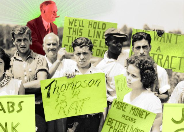 A picket line; the picketers are holding militant hand-lettered signs. Behind them, in a red halo, is a cigar-chomping boss figure.