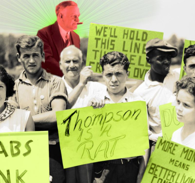 A picket line; the picketers are holding militant hand-lettered signs. Behind them, in a red halo, is a cigar-chomping boss figure.