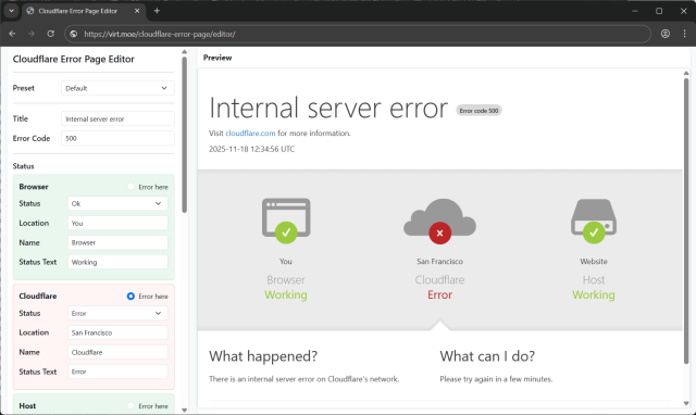 Editor to generate a fake internal server error page complete with You, Cloud, Server in red and green