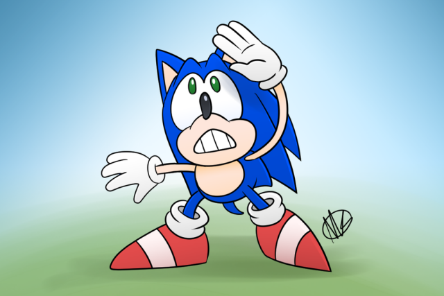 Sonic the Hedgehog looking up towards the sky with a worried look on his face. He's holding one hand up to keep the sun out of his eyes but not doing the greatest job. 