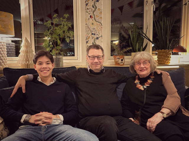 My son, me and my mother sitting in a lounge waiting for Xmas dinner.