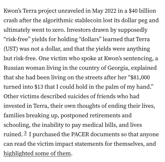 Kwon, a South Korean national, also faces charges at home. Before sentencing, Judge Engelmayer asked about likely outcomes there, including the likely sentence length if he is convicted and whether it would run concurrently with any US sentence. Prosecutors reported they had limited insight but noted that Korean sentencing could range from six years to indefinite; however, Korea has never imposed indefinite terms for fraud offenses, sentences of 30 or more years are rare, and courts frequently depart below prosecutorial recommendations. They also noted that any sentence imposed in Korea would be reduced by the amount of time he serves in the US.4 Engelmeyer ultimately included a requirement that Kwon serve at least half of his fifteen-year sentence in the US before he can apply for a transfer to South Korea.5
